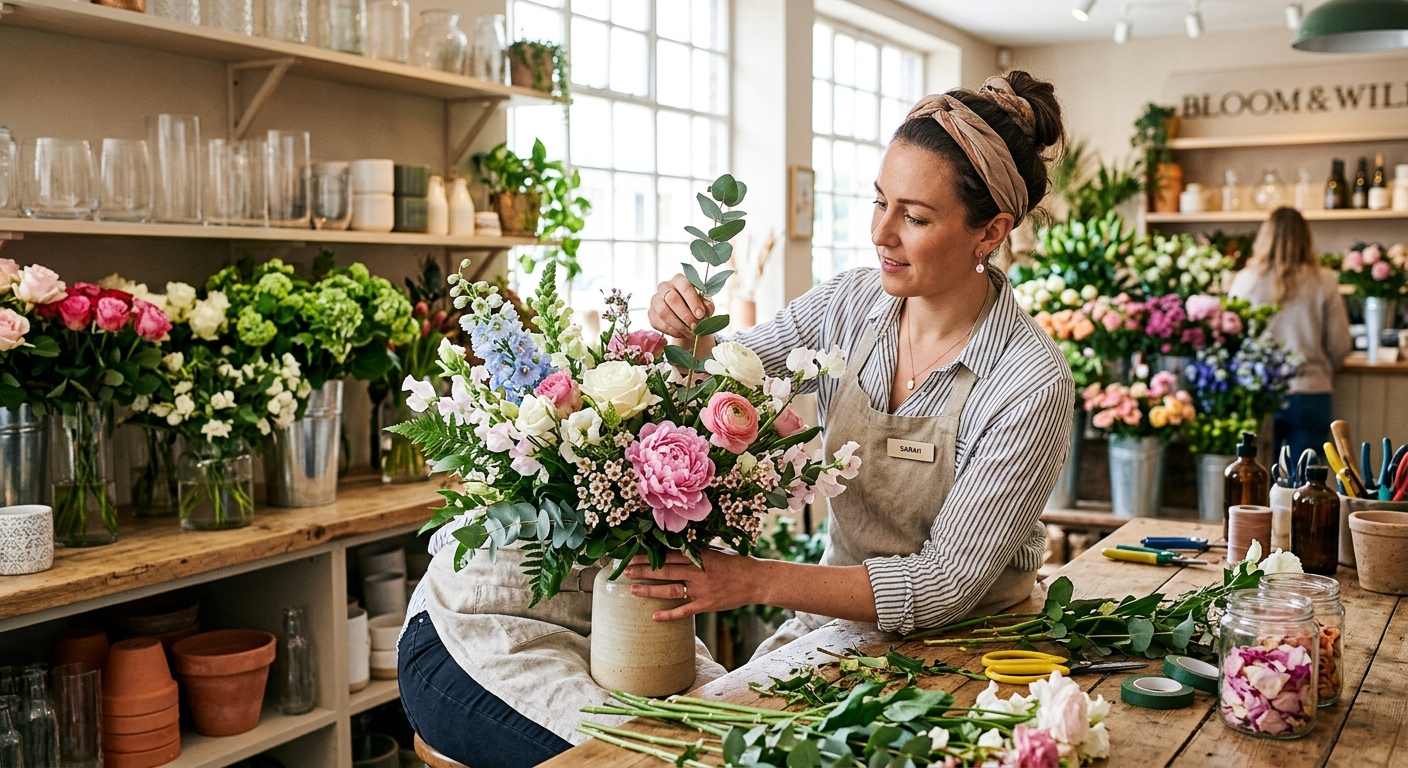 Professional florist arranging flowers in shop